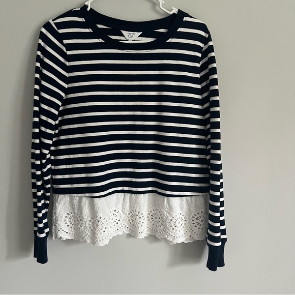Crown and Ivy Navy Blue and White Stripe Long Sleeve Sweater - Picture 1 of 3